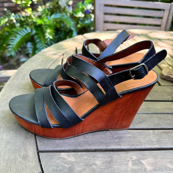 Lucky Brand Marinaa Black Leather Wedge Sandals – Size 8 -- 90s Y2K Chunky Retro - Picture 4 of 8